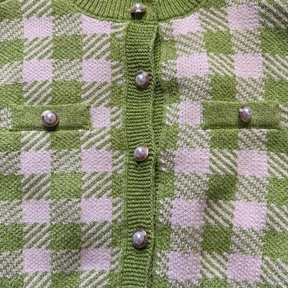 São Paulo Green/White Checkered Cropped Cardigan - Picture 4 of 8